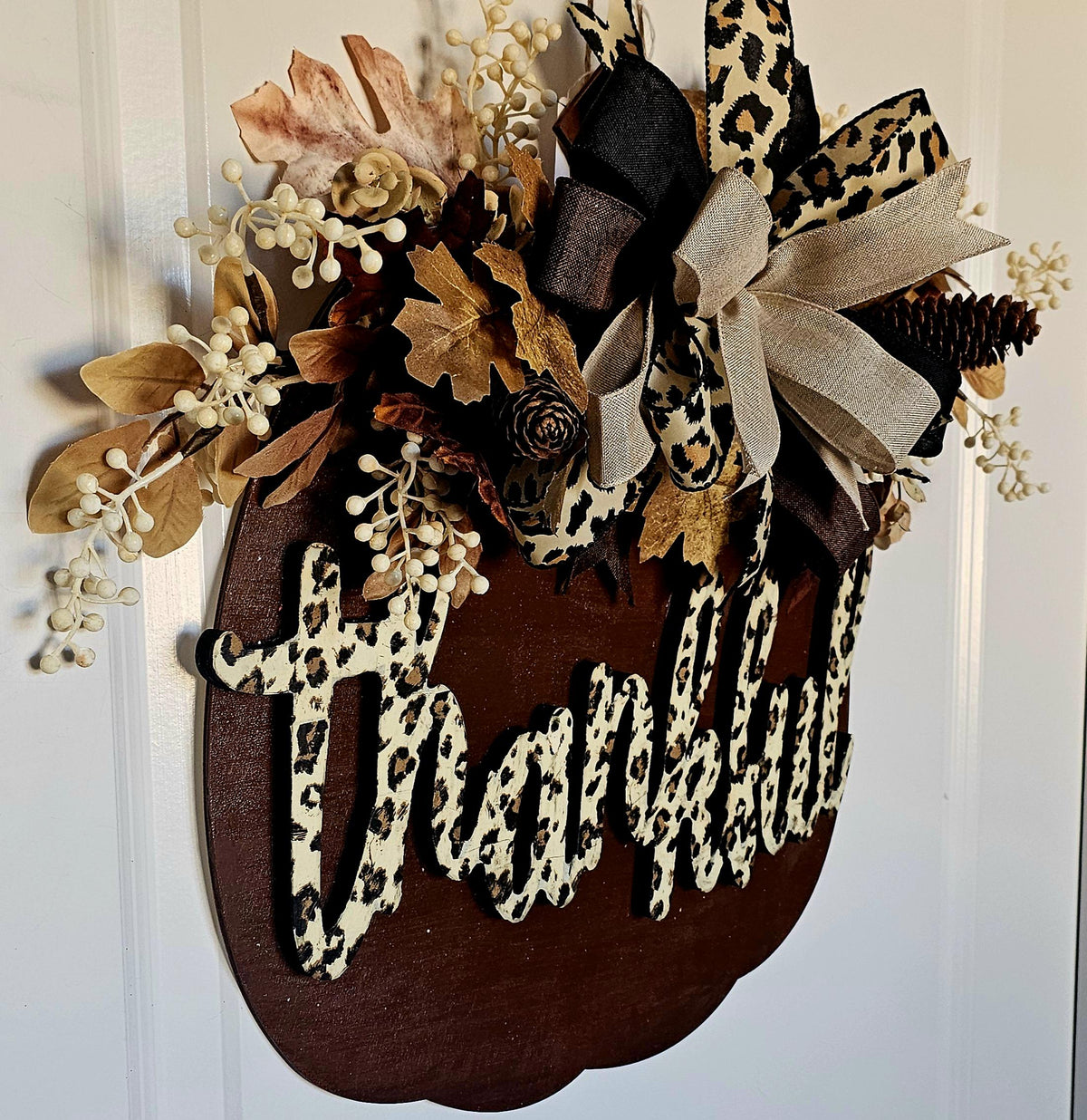 Leopard Print Thankful Pumpkin Door Hanger | Rustic Fall Decor