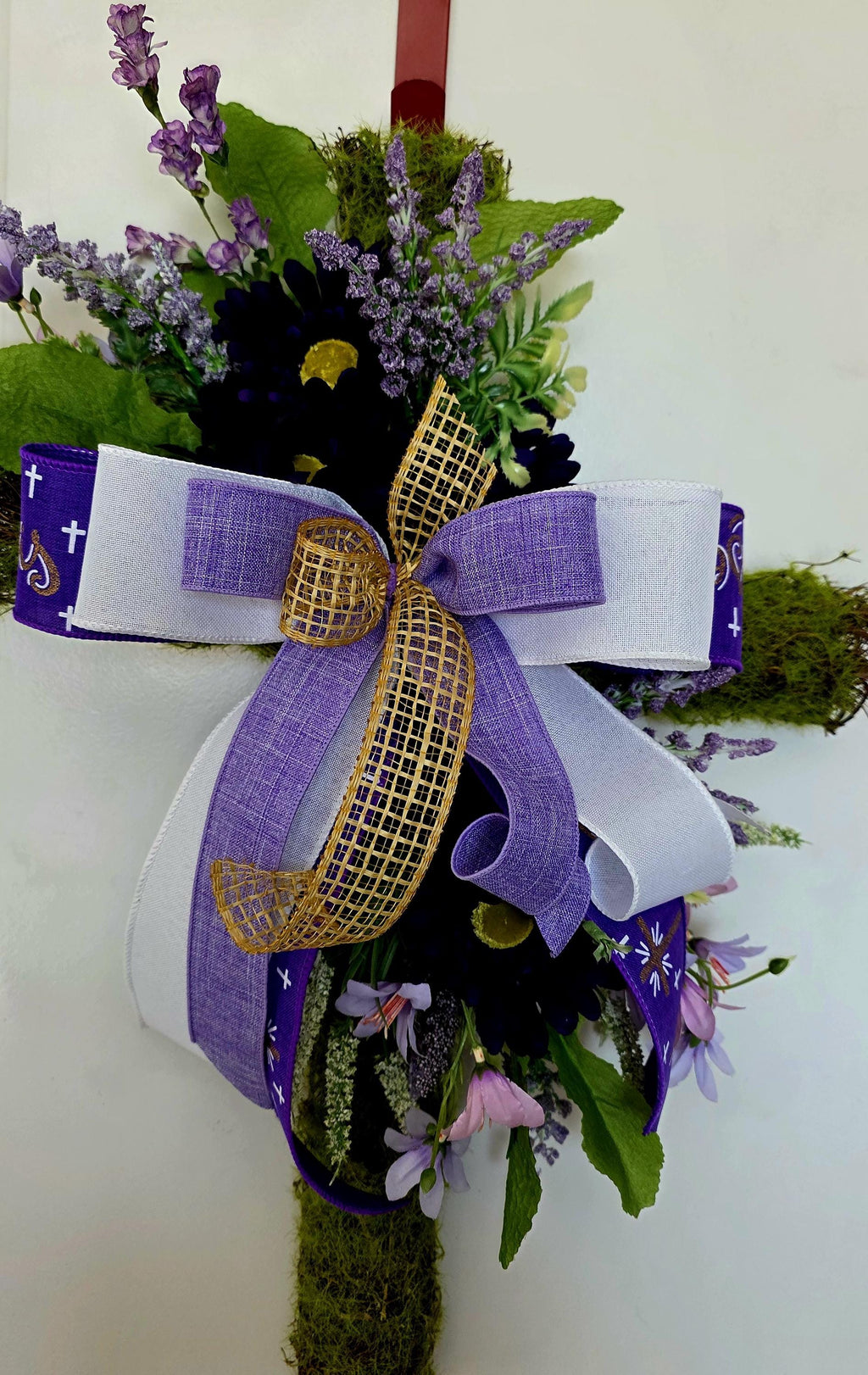 Floral Moss Cross Door Hanger | Purple Easter Decor
