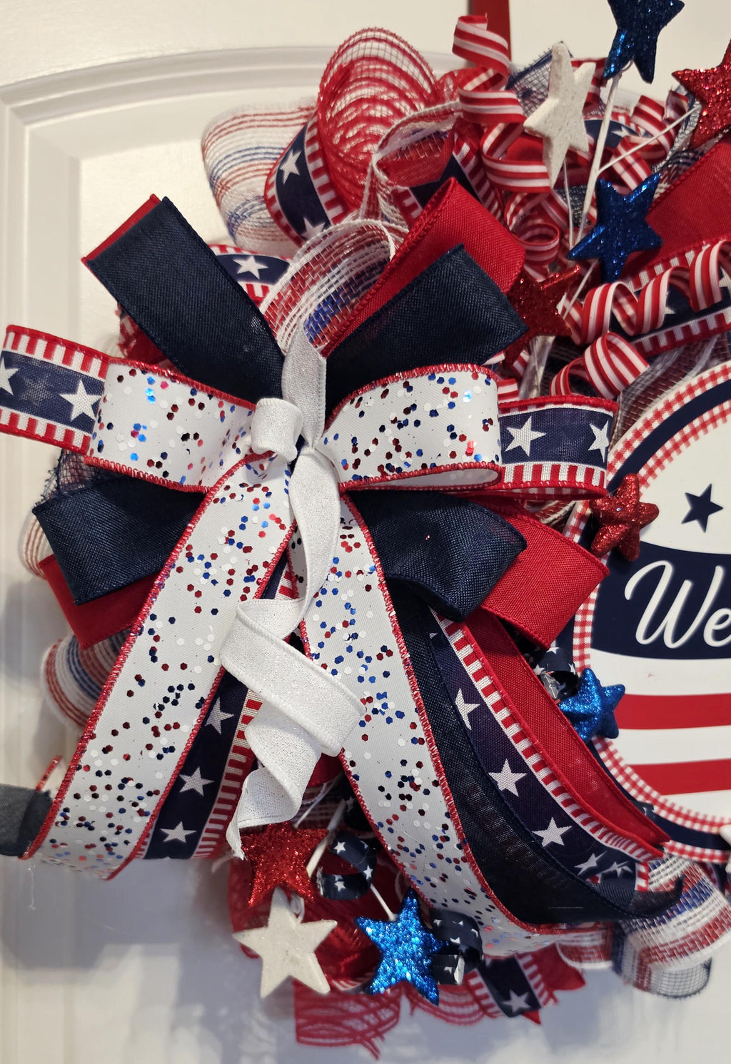 Patriotic Welcome Wreath: Red, White, Blue Americana Door Hanger
