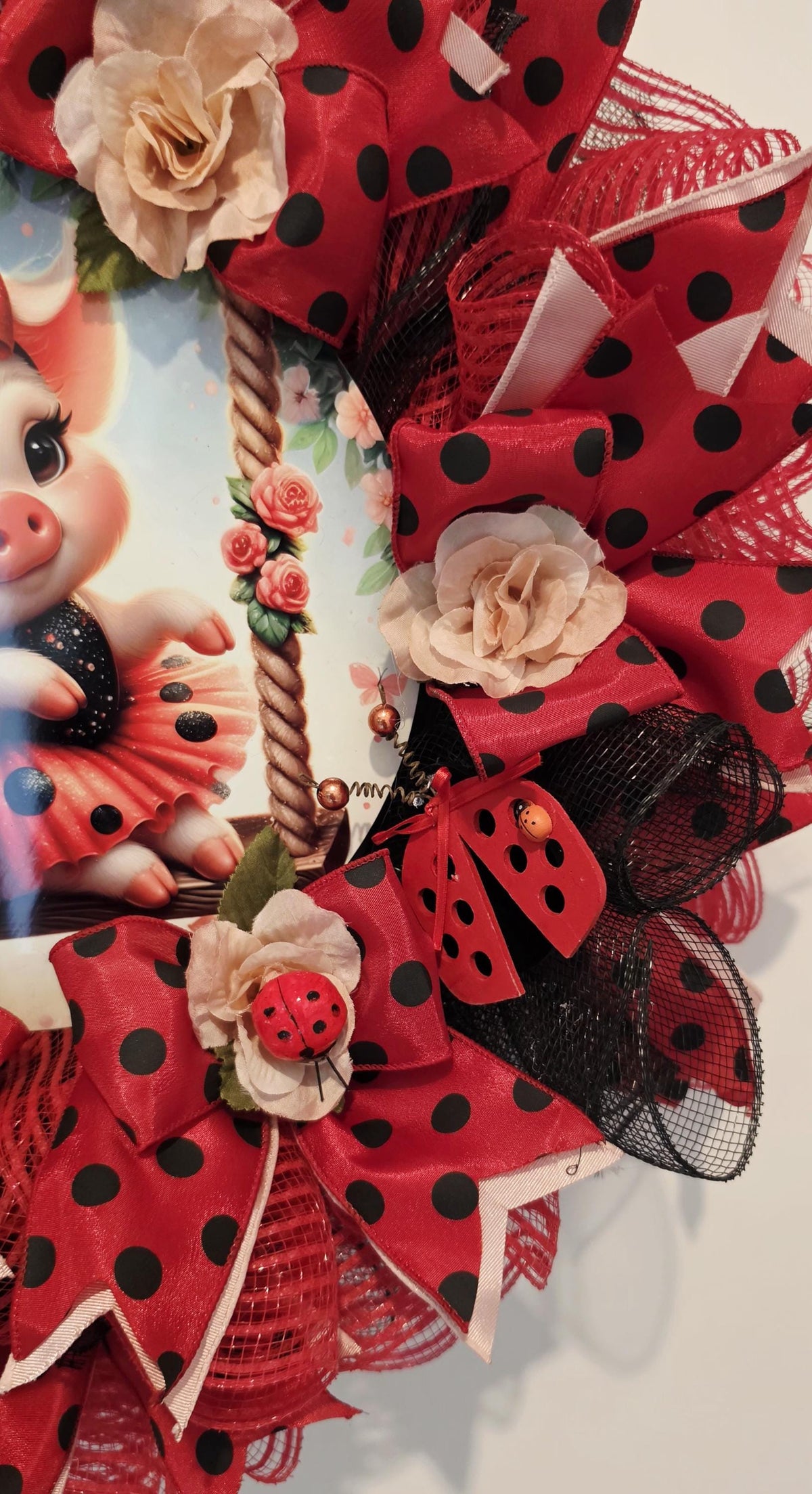 Ladybug Pig Wreath: Red Black Polka Dot Spring Summer Door Hanger