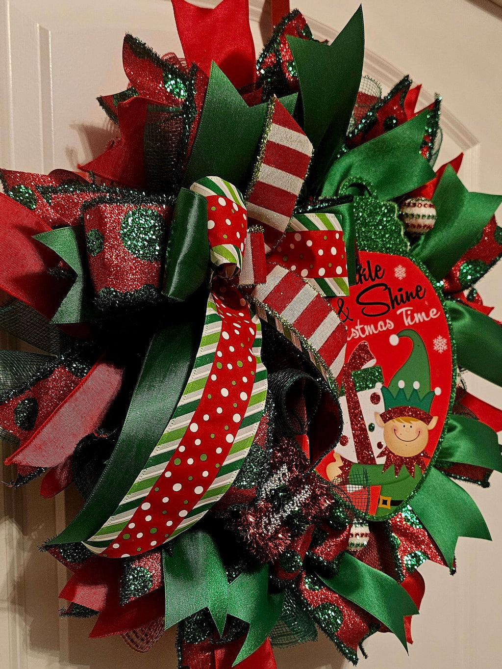 Elf Christmas Wreath – Red, Green Holiday Decor with Festive Bow