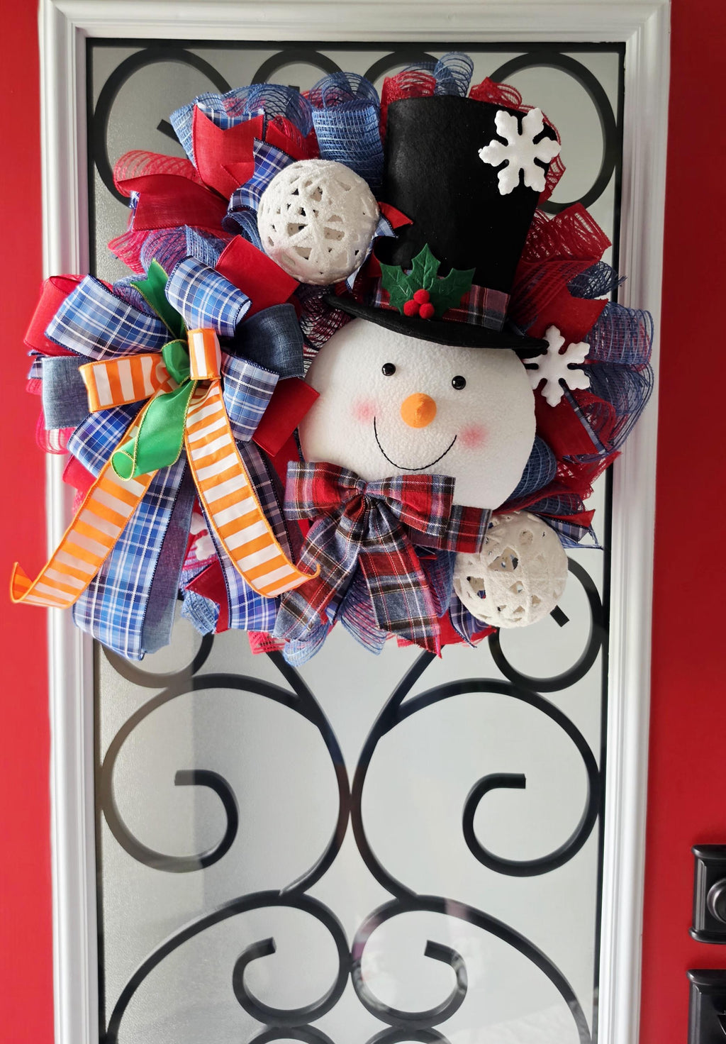 Snowman Christmas Wreath, Winter Front Door Wreath, Plush Snowman Holiday Decor, Christmas Mesh Wreath, Farmhouse Christmas Door Decor