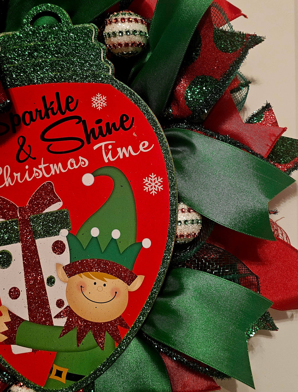 Elf Christmas Wreath – Red, Green Holiday Decor with Festive Bow