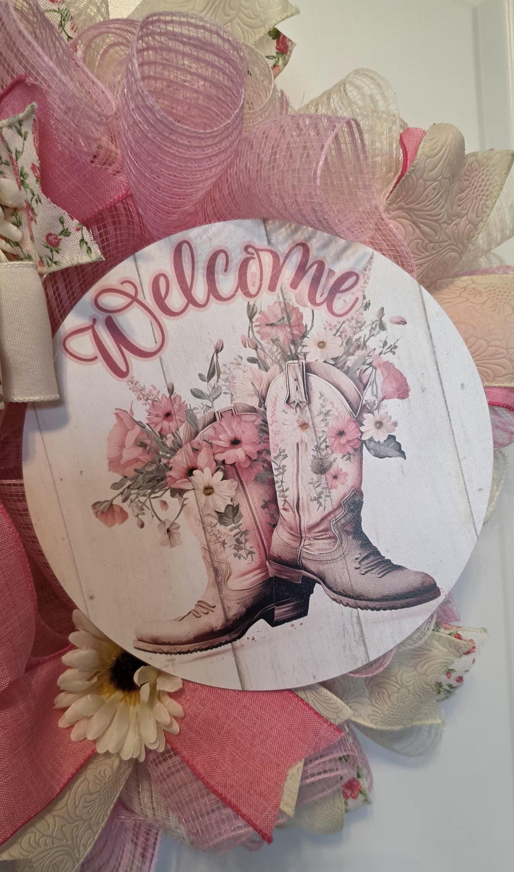 Pink Cowboy Boot Wreath, Feminine Western Farmhouse Door Decor