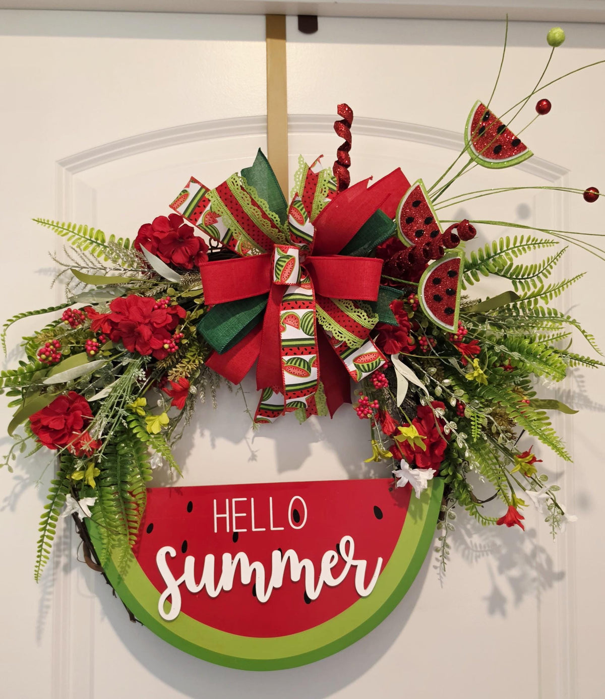 Watermelon Summer Wreath, Hello Summer Grapevine Door Hanger, Red Green Floral Decor