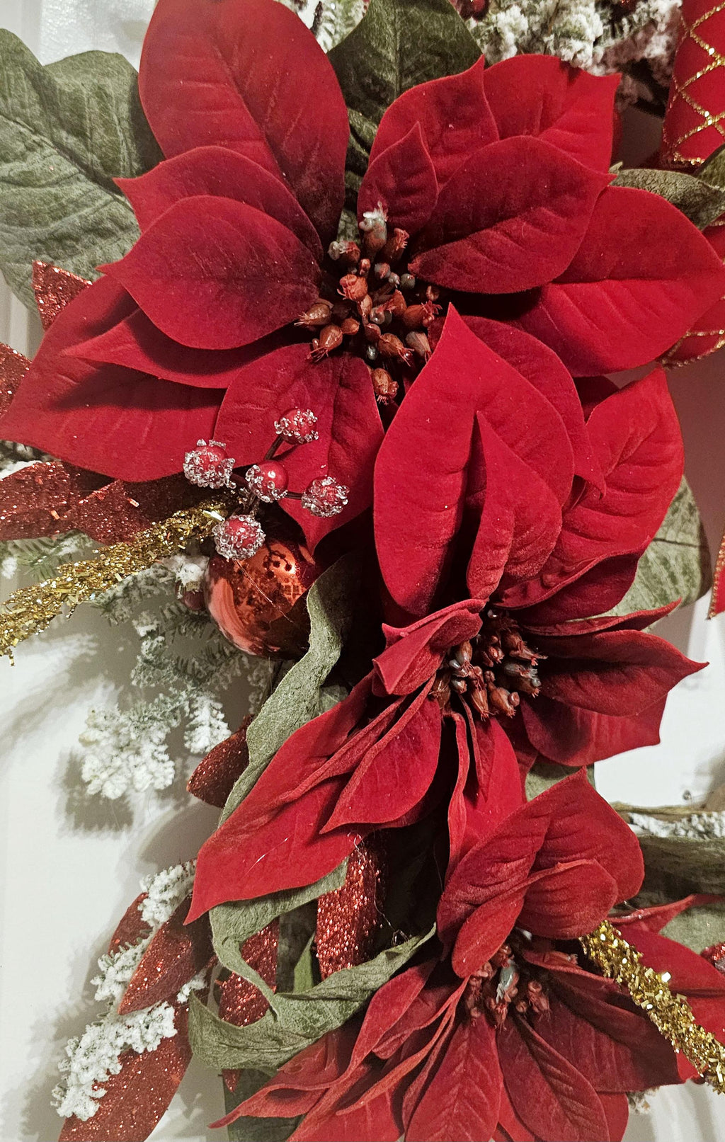 Handmade Christmas Wreath, Red Poinsettias, Gold Bow, Holiday Decor