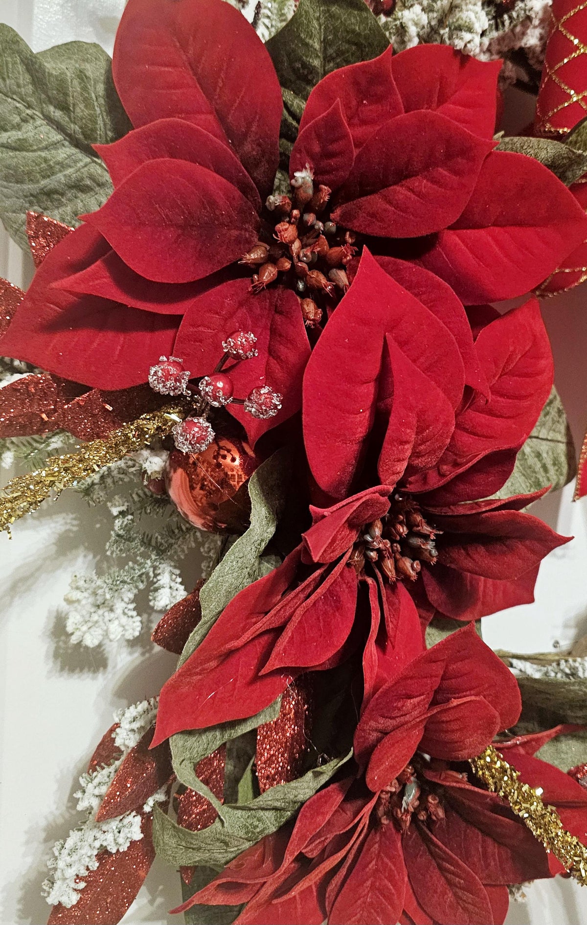 Handmade Christmas Wreath, Red Poinsettias, Gold Bow, Holiday Decor