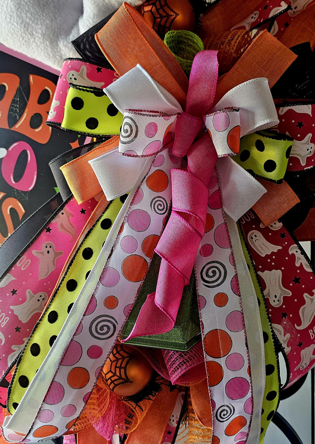 Halloween Wreath | Ghost Plush, Pink & Orange Door Decor