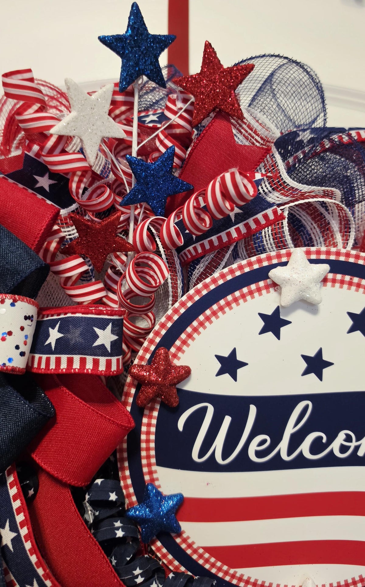 Patriotic Welcome Wreath: Red, White, Blue Americana Door Hanger