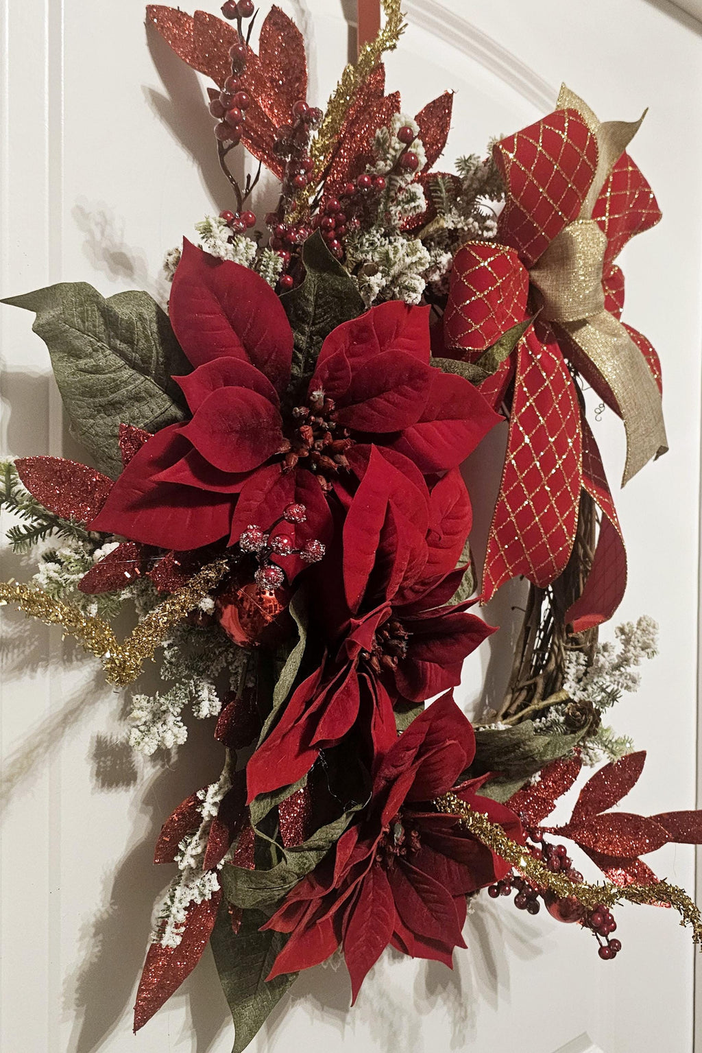 Handmade Christmas Wreath, Red Poinsettias, Gold Bow, Holiday Decor