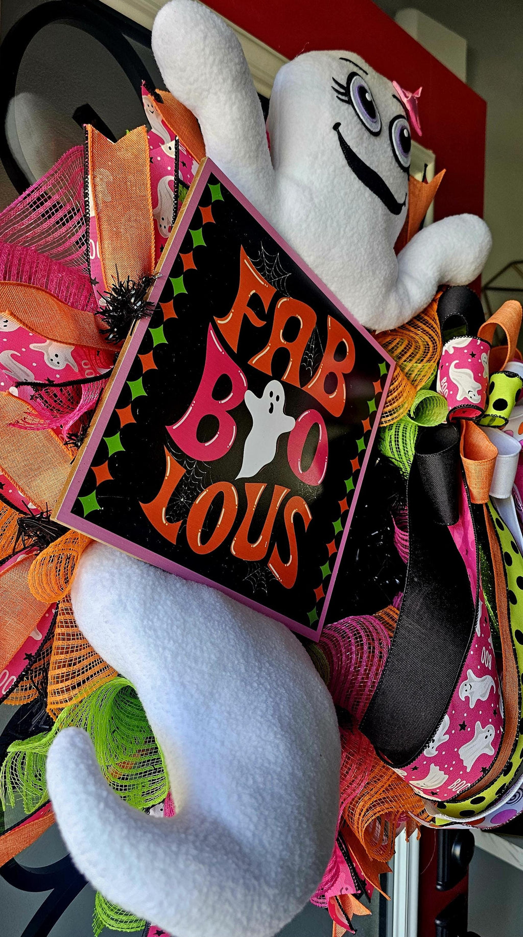 Halloween Wreath | Ghost Plush, Pink & Orange Door Decor