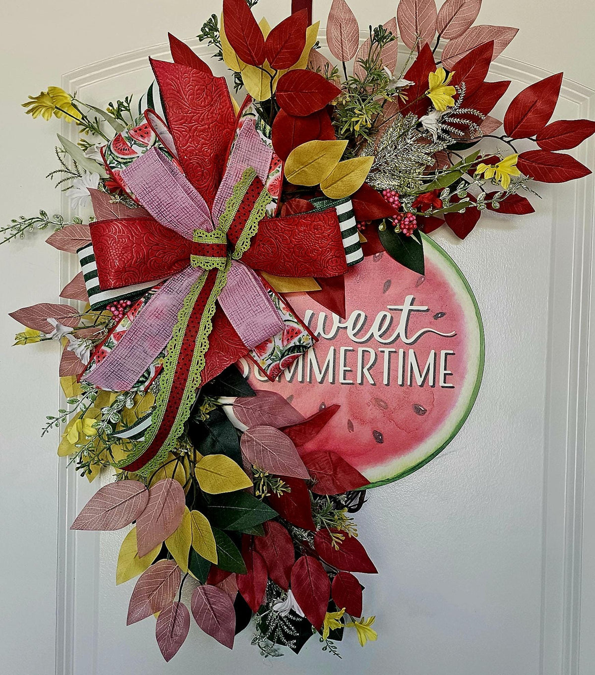 Handmade Watermelon Summer Wreath, Whimsical Faux Leaf Decor