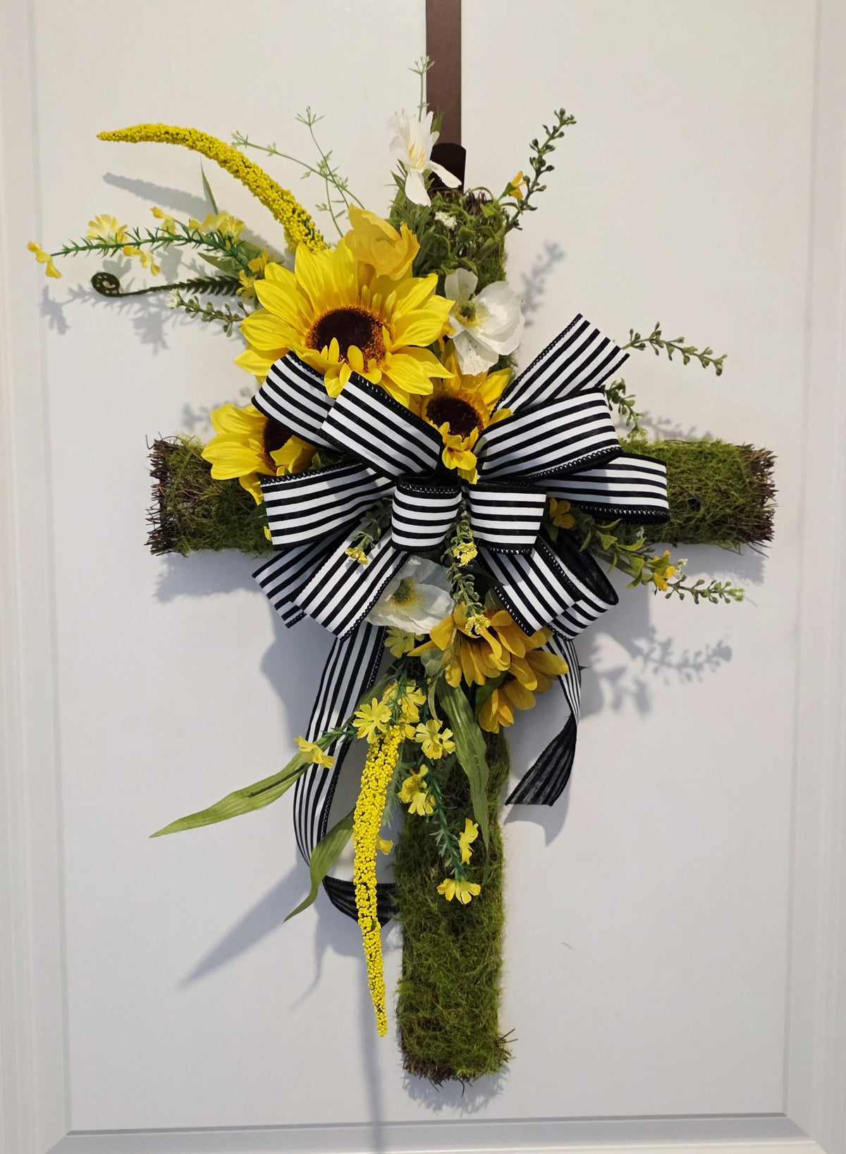 Sunflower Cross Door Hanger | Moss Base, Striped Bow