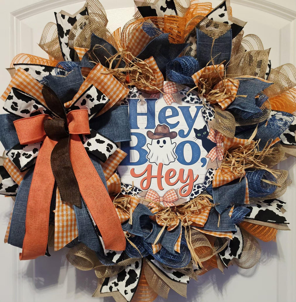 Western Halloween Wreath, Cowboy Ghost Cow Print Door Decor