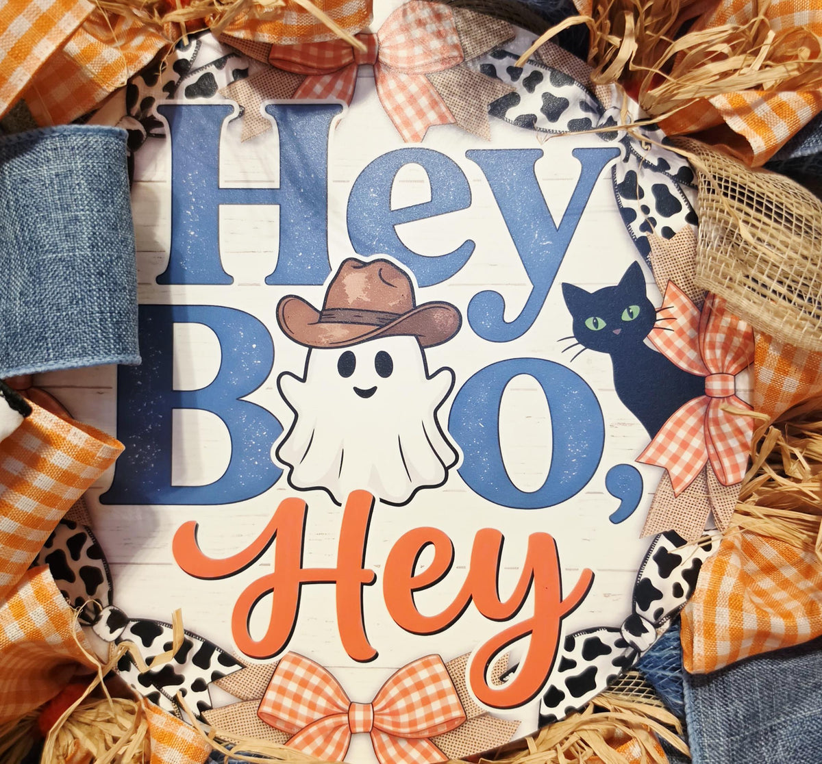 Western Halloween Wreath, Cowboy Ghost Cow Print Door Decor
