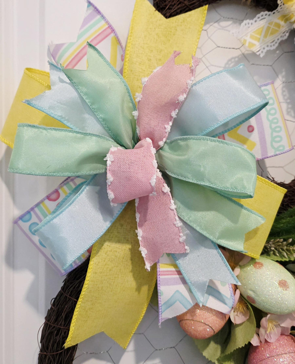 Handmade Grapevine Easter Bunny Wreath, Pastel Eggs, Spring Florals, Farmhouse Door Decor