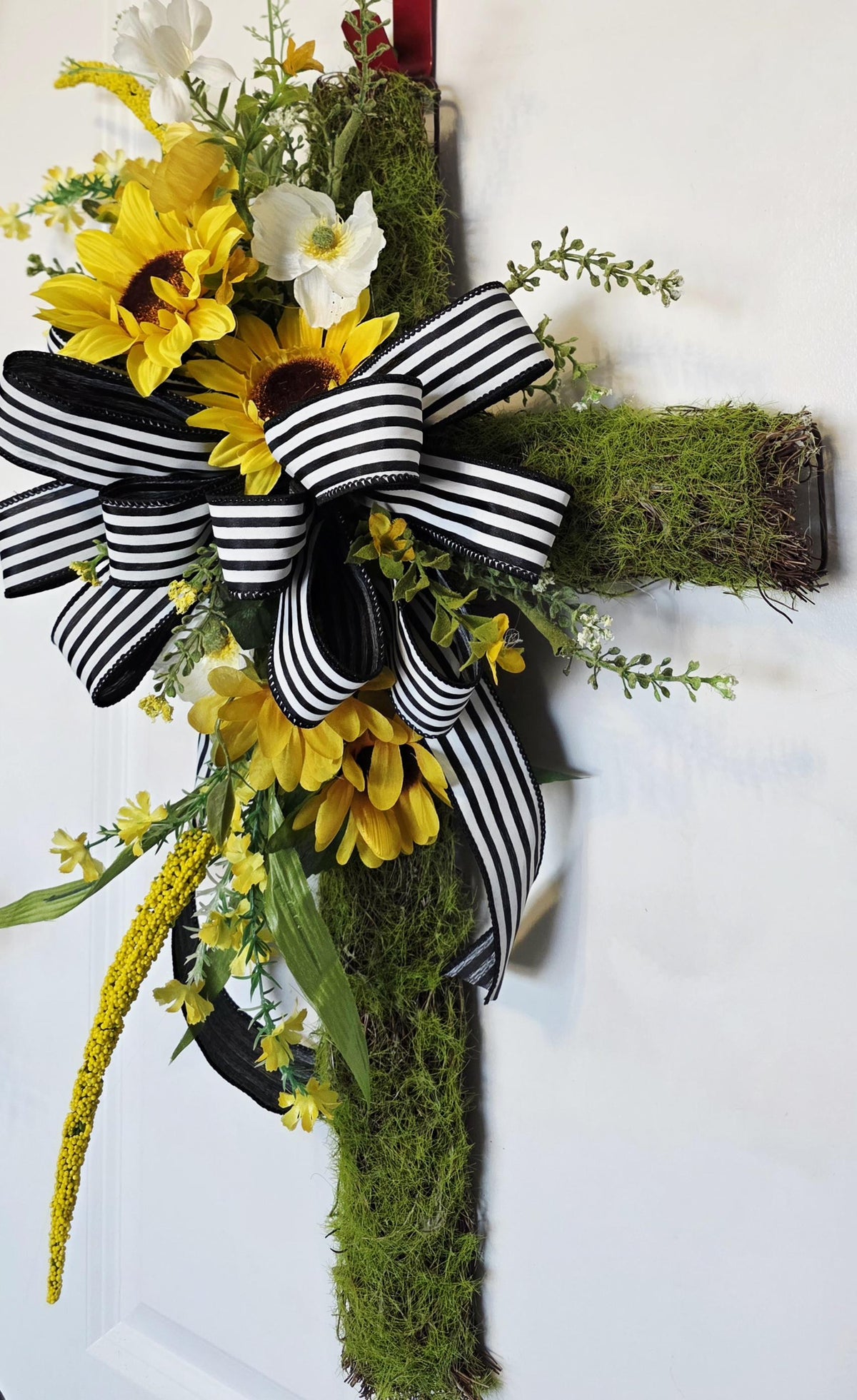 Sunflower Cross Door Hanger | Moss Base, Striped Bow