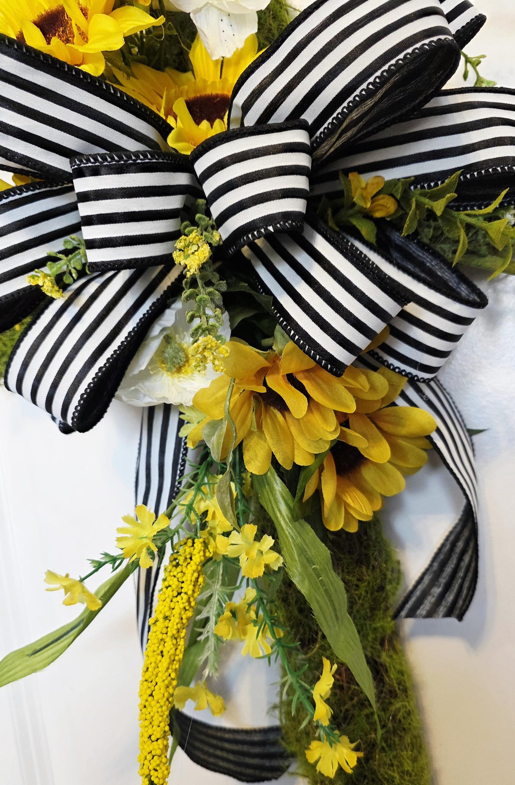 Sunflower Cross Door Hanger | Moss Base, Striped Bow