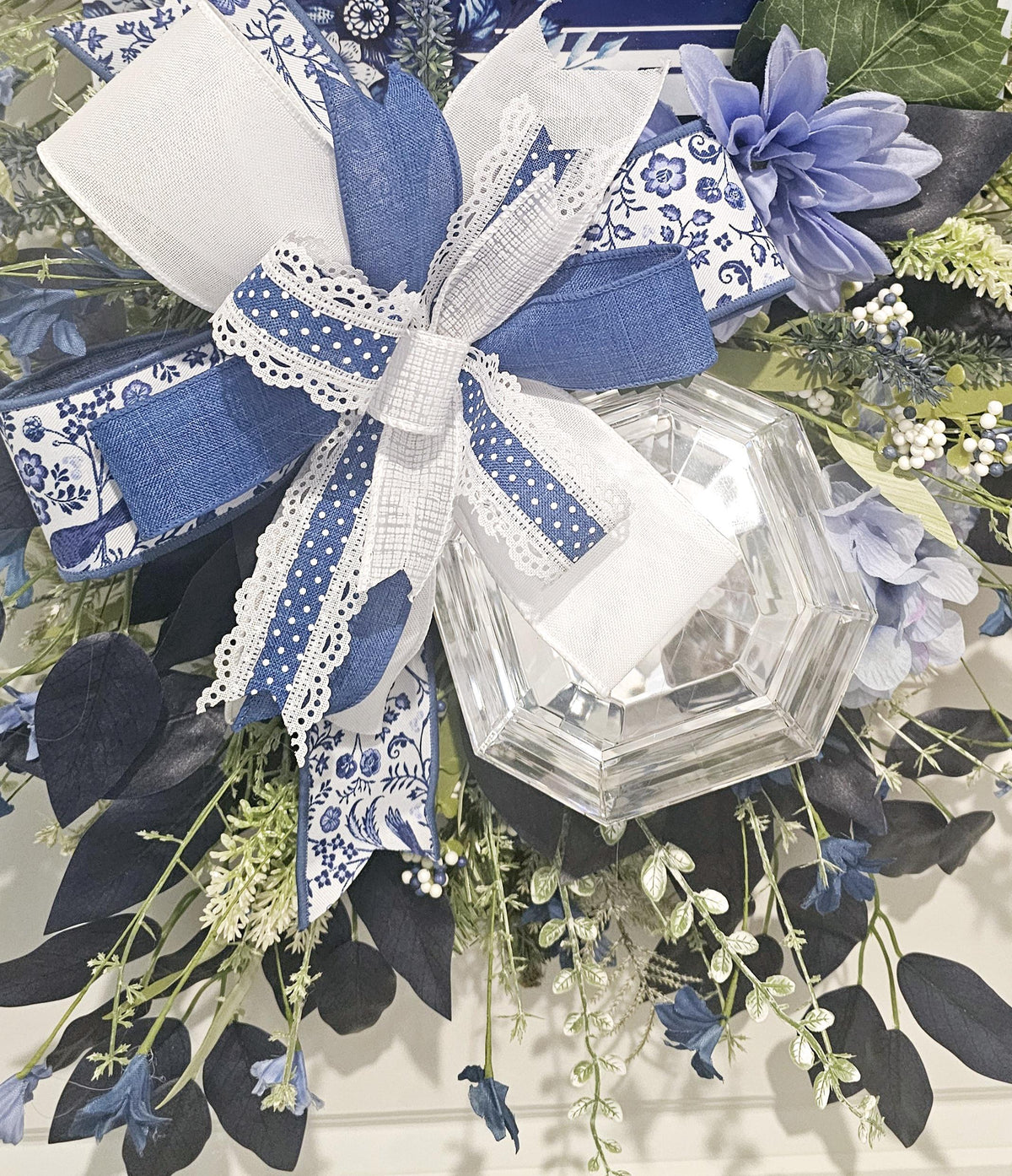 Blue Hydrangea Welcome Swag, Chinoiserie Door Decor, Handmade Floral Wreath