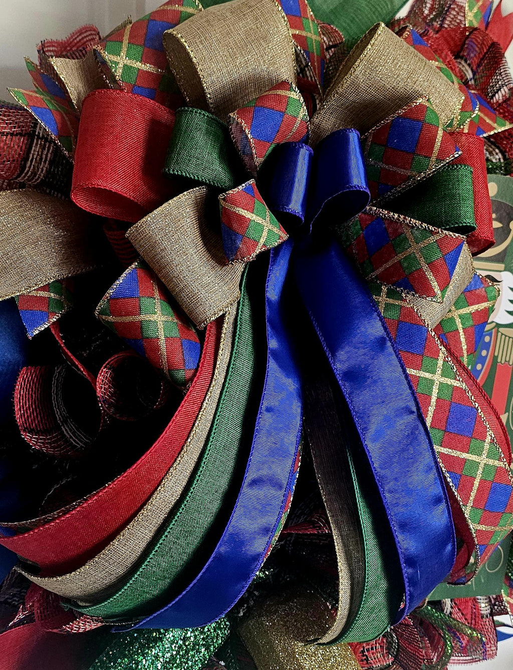 Nutcracker Christmas Wreath, Red Green Plaid Bow, Holiday Door Decor