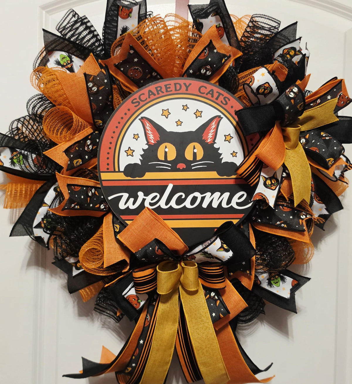 Black Cat Halloween Wreath, Scaredy Cats Welcome Door Decor