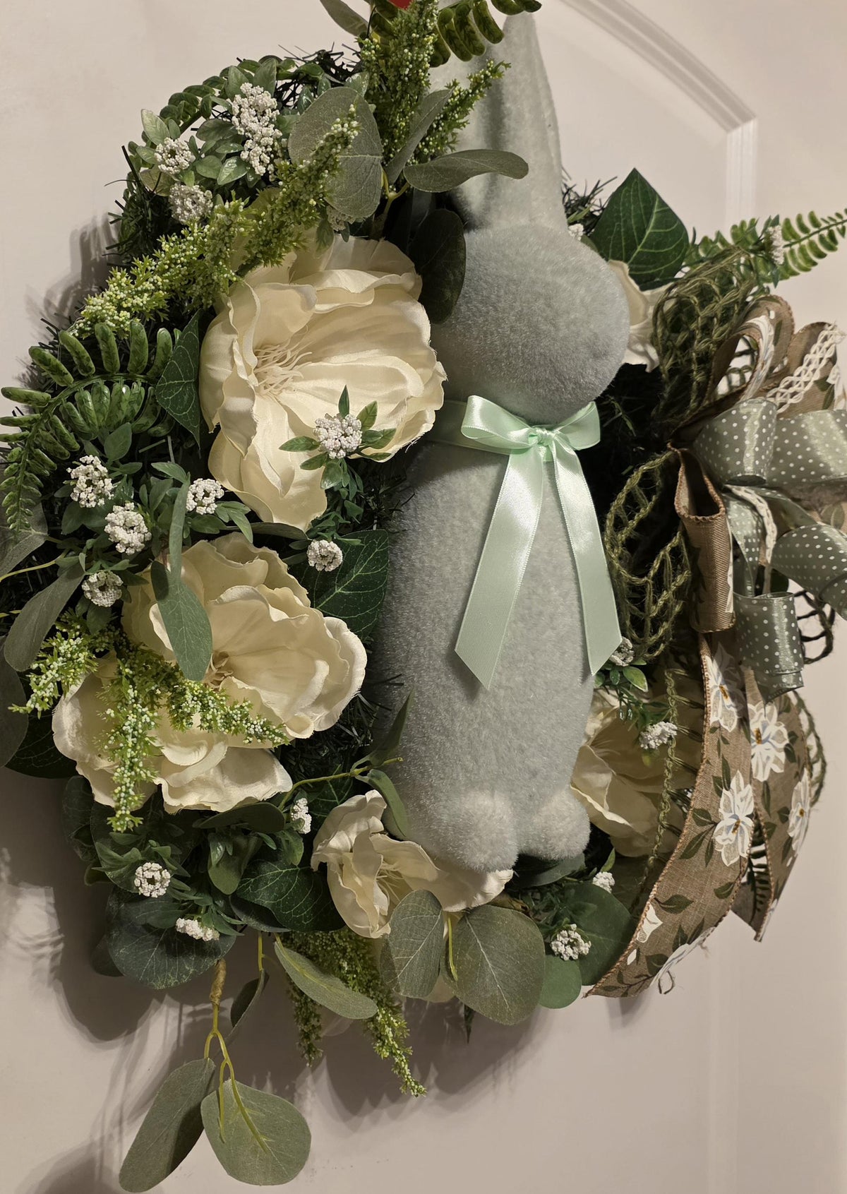 Neutral Easter Bunny Wreath, Farmhouse Spring Floral Door Decor