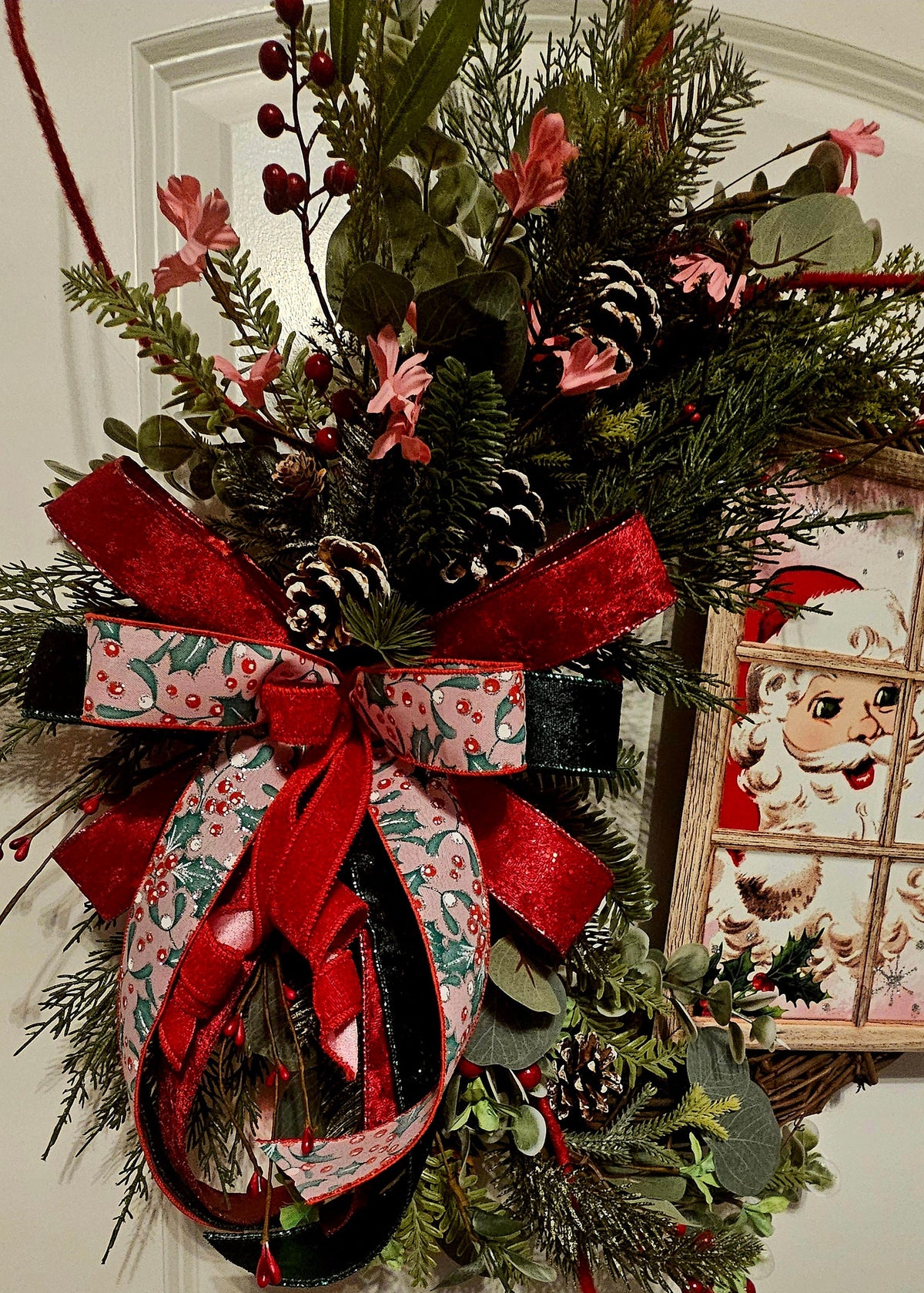 Vintage Santa & Rudolph Christmas Wreath - Handmade Pinecone Holiday Decor