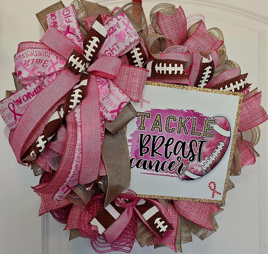 Tackle Breast Cancer Wreath | Pink Football Awareness Door Decor