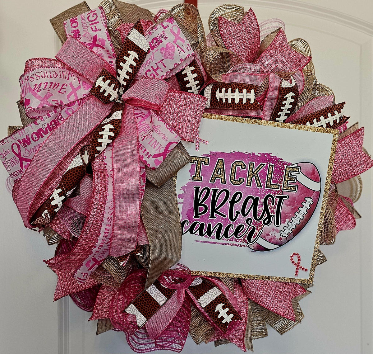 Tackle Breast Cancer Wreath | Pink Football Awareness Door Decor