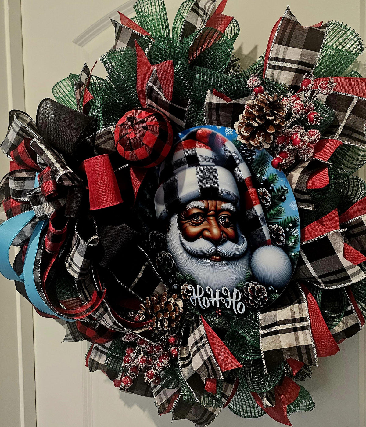 Black Santa Christmas Wreath: Buffalo Plaid Holiday Decor