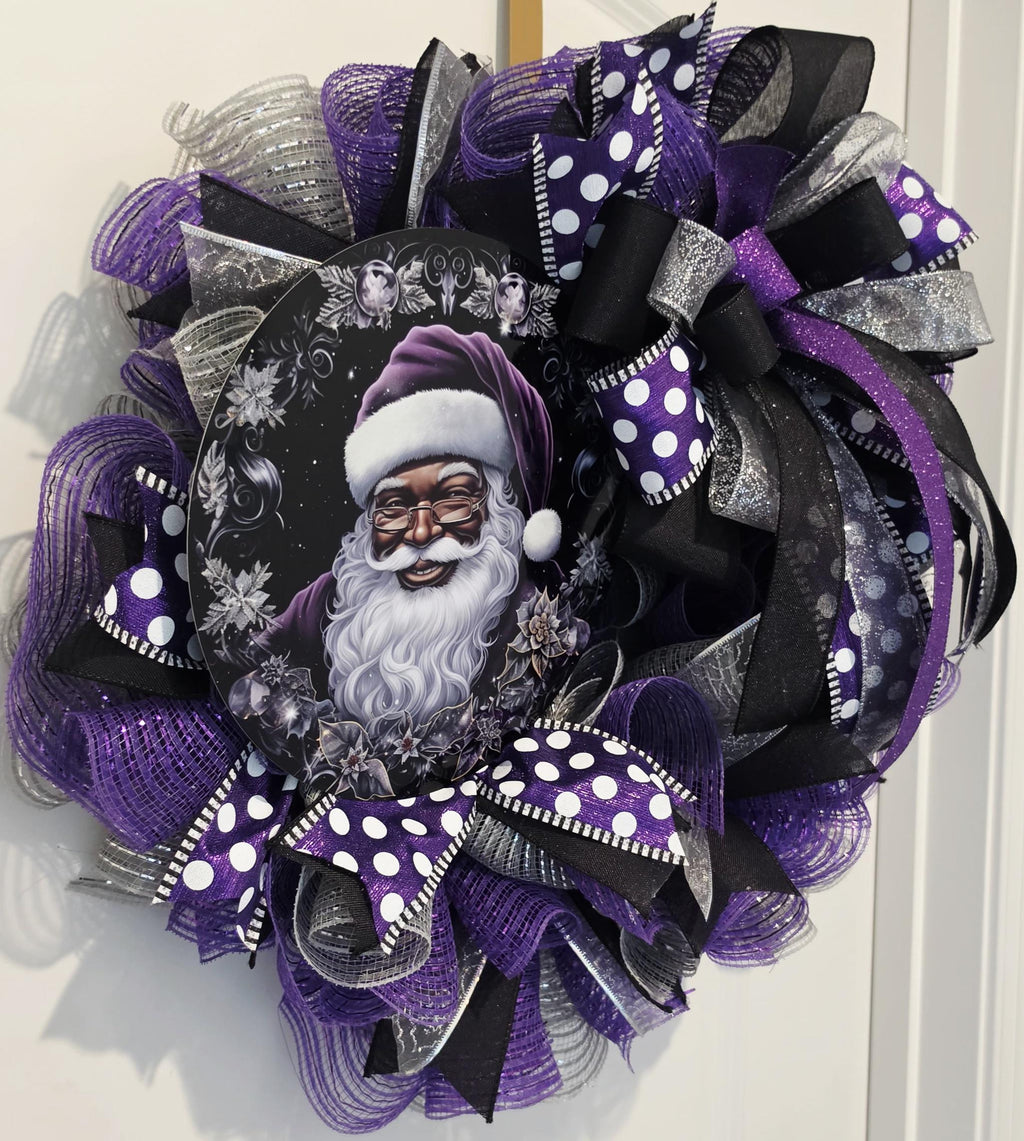 Purple Santa Christmas Wreath, Black & Purple Holiday Door Decor, Luxury Mesh Wreath, Unique Christmas Front Door Decor