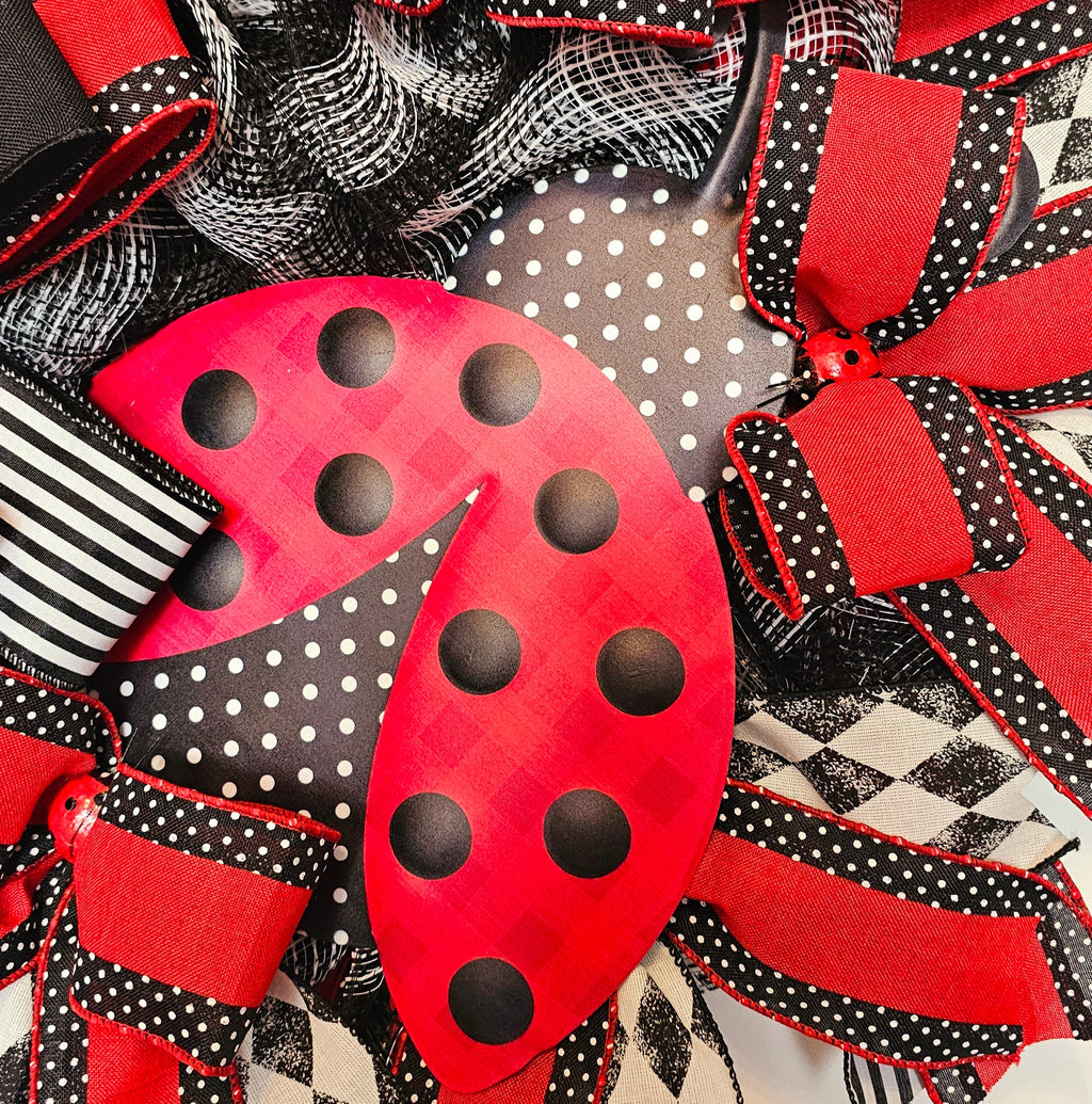 Handmade Ladybug Wreath, Outdoor Summer Decor, Whimsical Garden Decoration