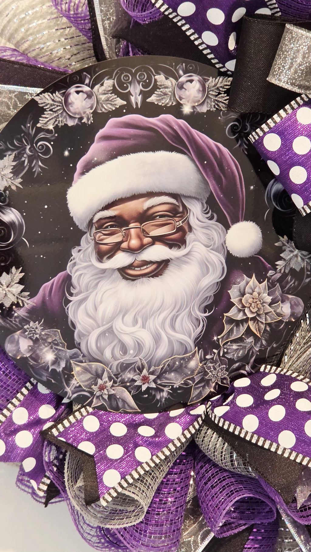 Purple Santa Christmas Wreath, Black & Purple Holiday Door Decor, Luxury Mesh Wreath, Unique Christmas Front Door Decor