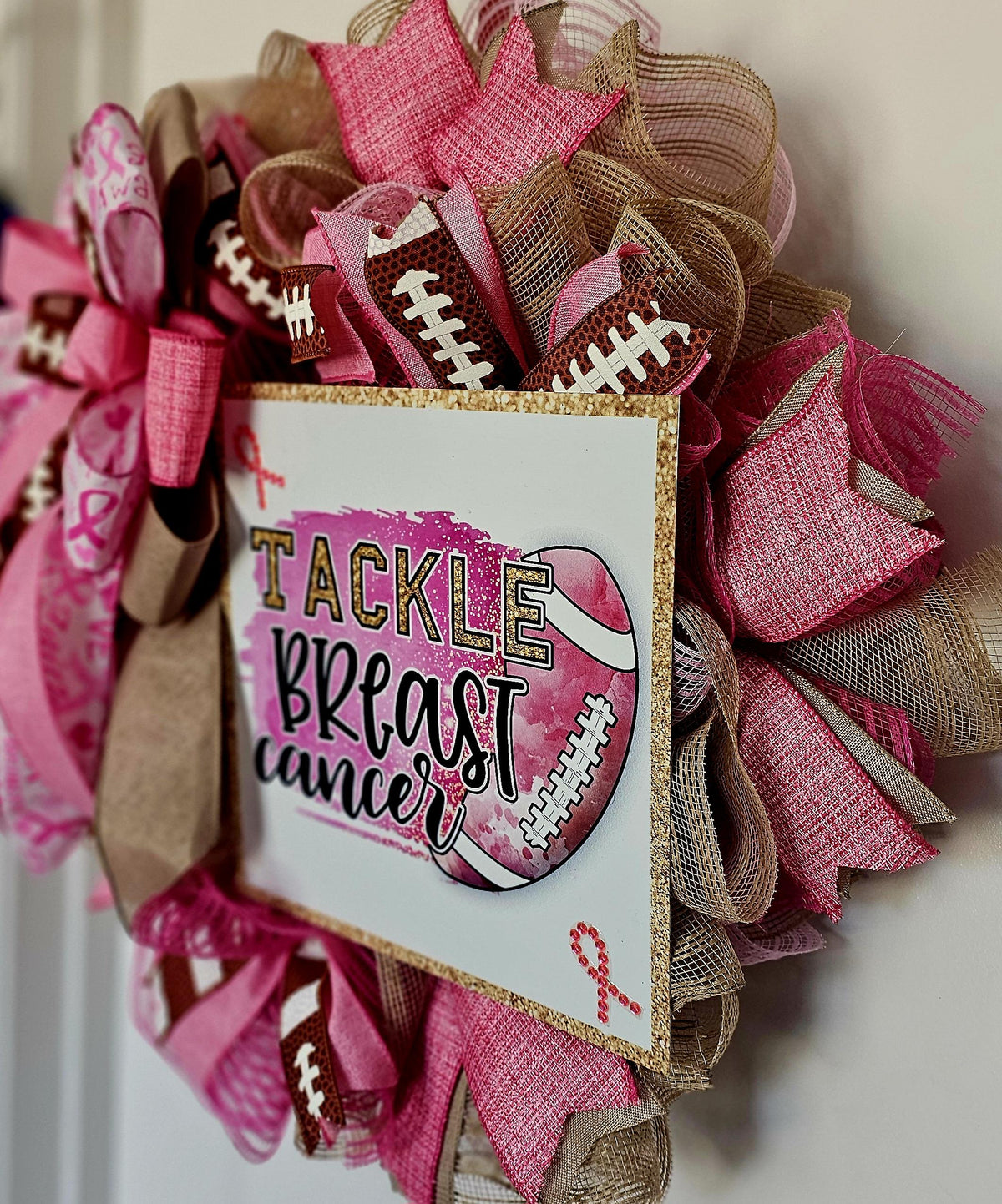Tackle Breast Cancer Wreath | Pink Football Awareness Door Decor