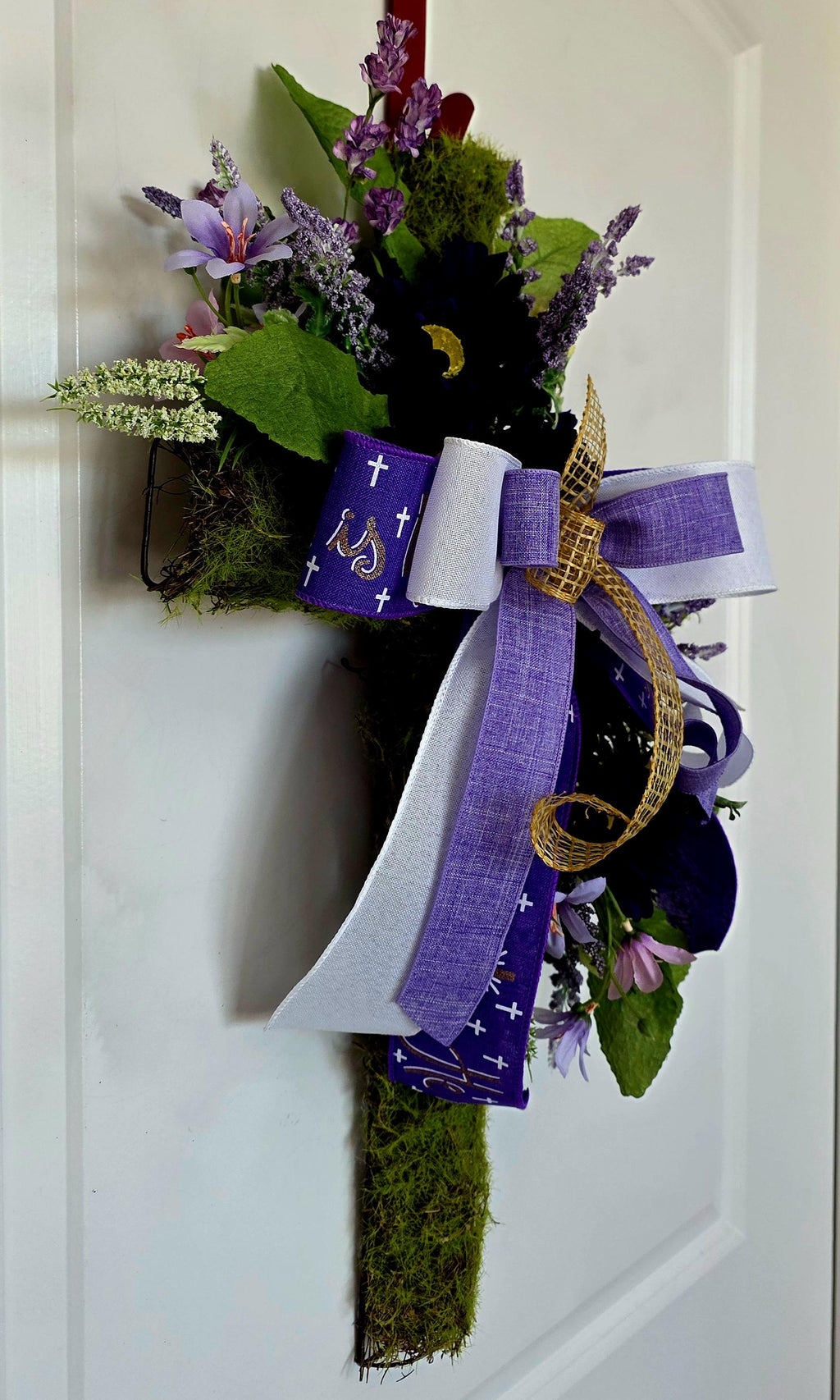 Floral Moss Cross Door Hanger | Purple Easter Decor