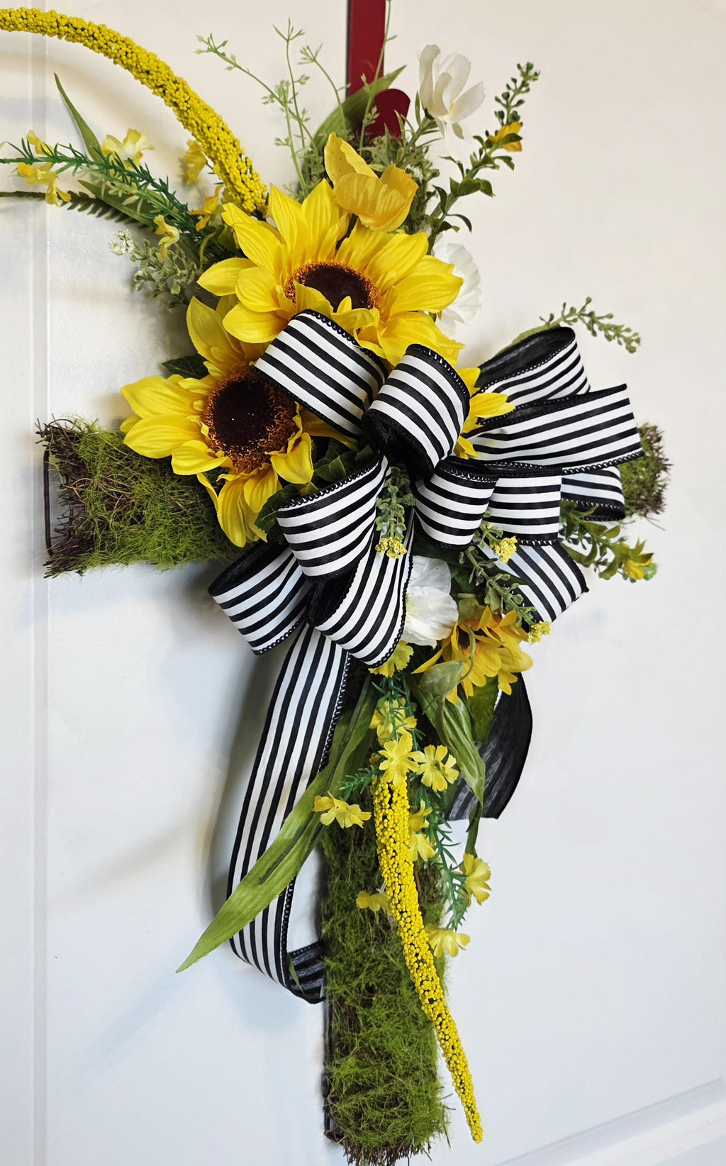 Sunflower Cross Door Hanger | Moss Base, Striped Bow