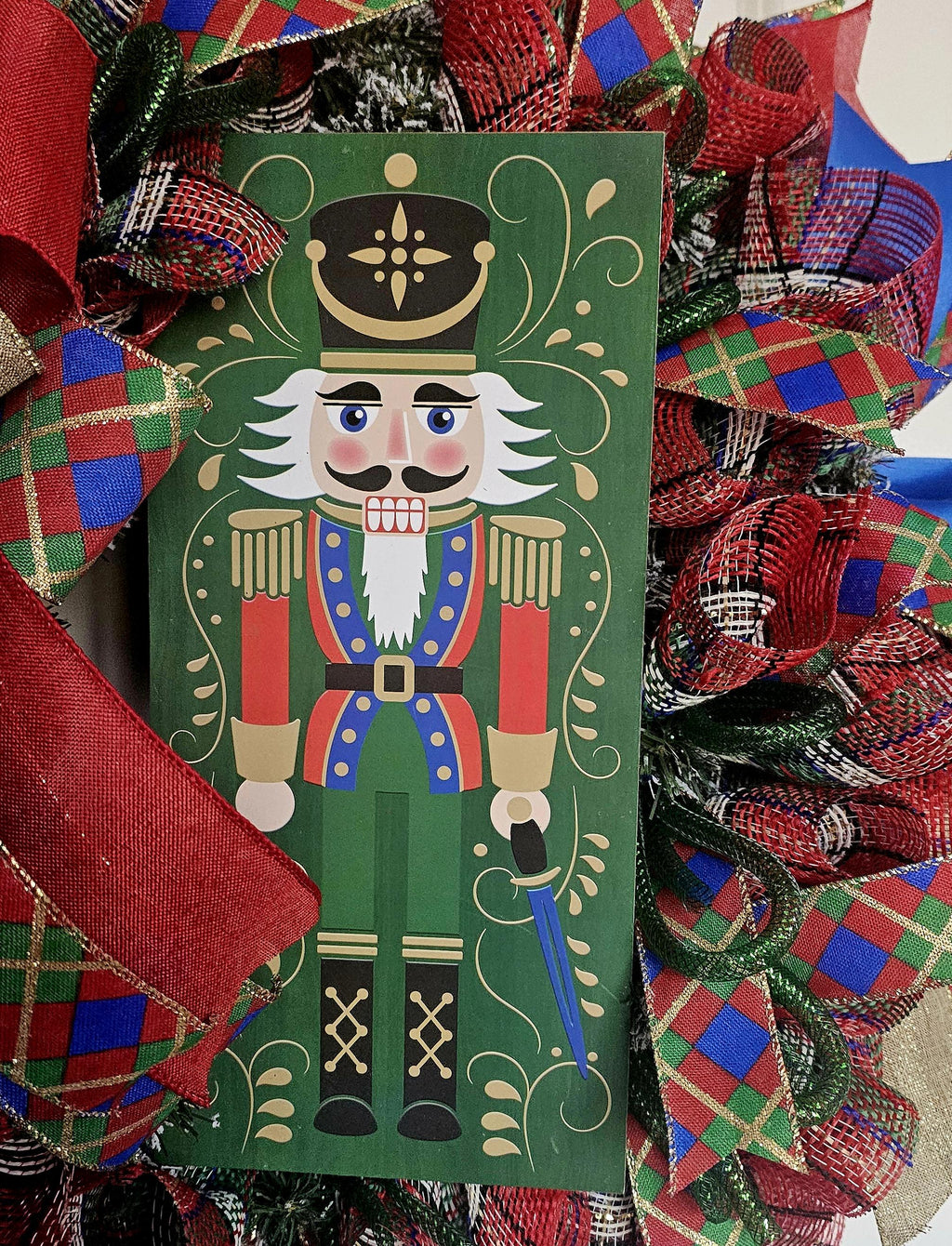 Nutcracker Christmas Wreath, Red Green Plaid Bow, Holiday Door Decor