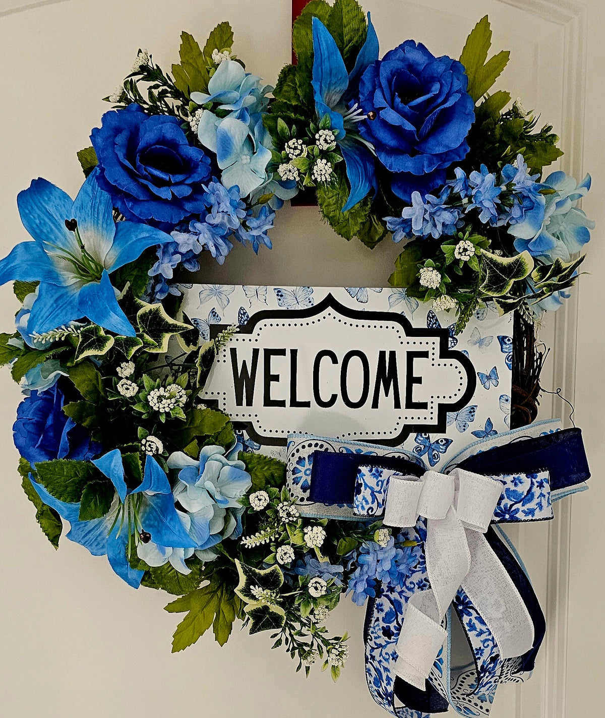 Blue Floral Welcome Wreath, Butterfly Grapevine Door Decor for Spring and Summer
