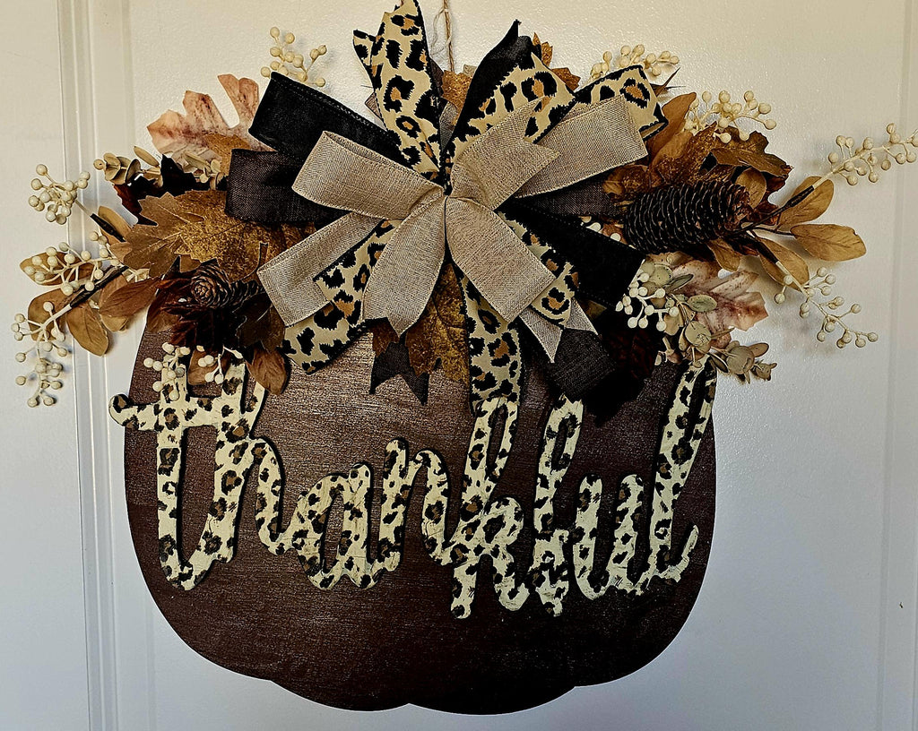 Leopard Print Thankful Pumpkin Door Hanger | Rustic Fall Decor
