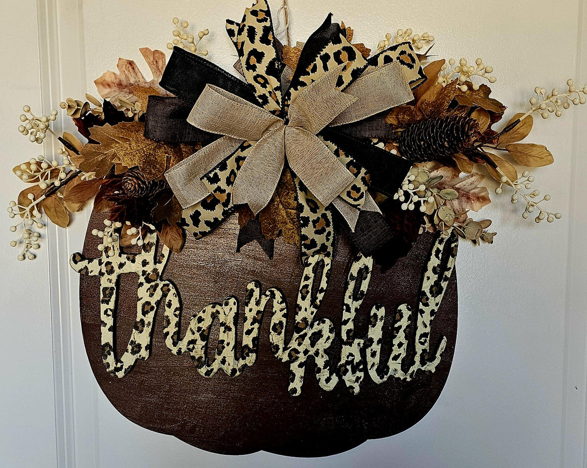 Leopard Print Thankful Pumpkin Door Hanger | Rustic Fall Decor