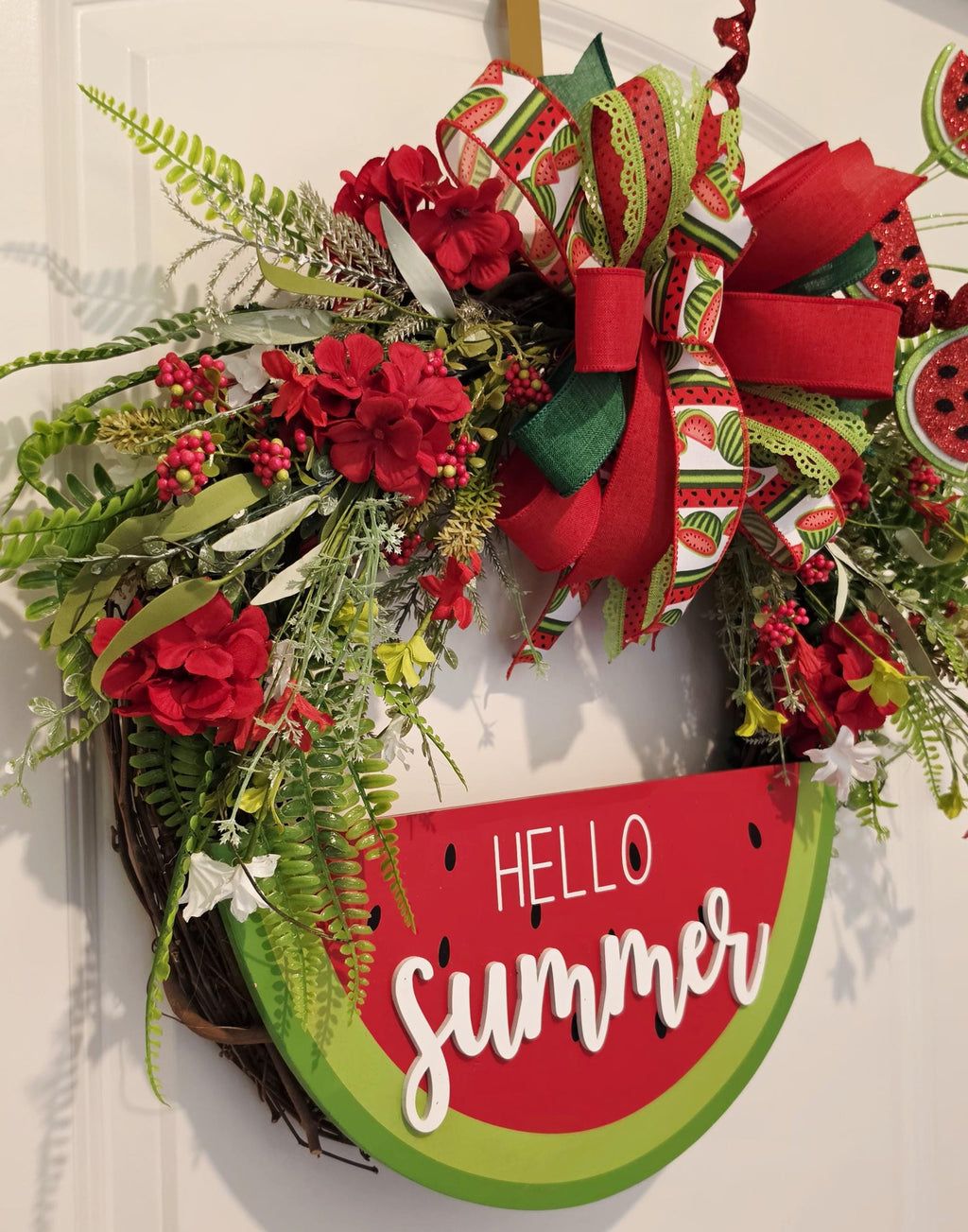 Watermelon Summer Wreath, Hello Summer Grapevine Door Hanger, Red Green Floral Decor