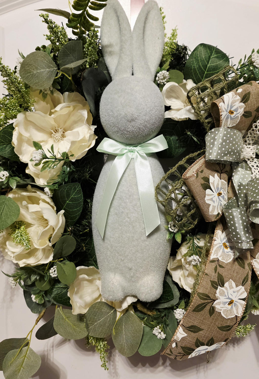 Neutral Easter Bunny Wreath, Farmhouse Spring Floral Door Decor