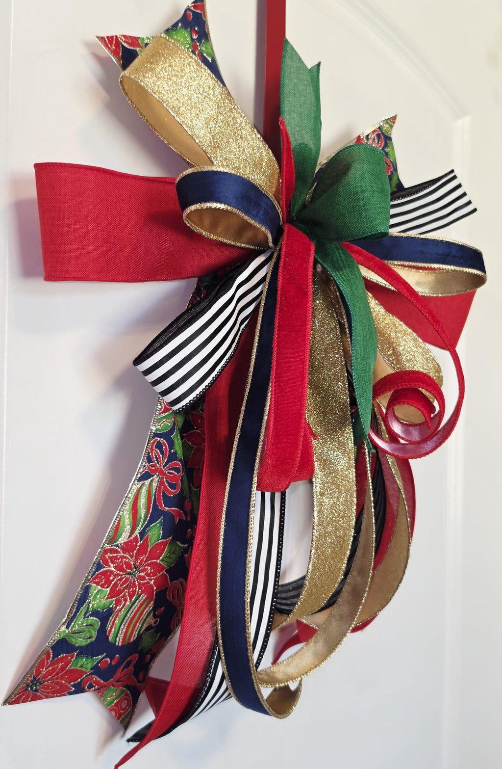 Christmas Wreath Bow, Large Holiday Bow, Christmas Tree Topper Bow, Red Green Gold Bow, Front Door Bow, Christmas Decor, Gift Bow