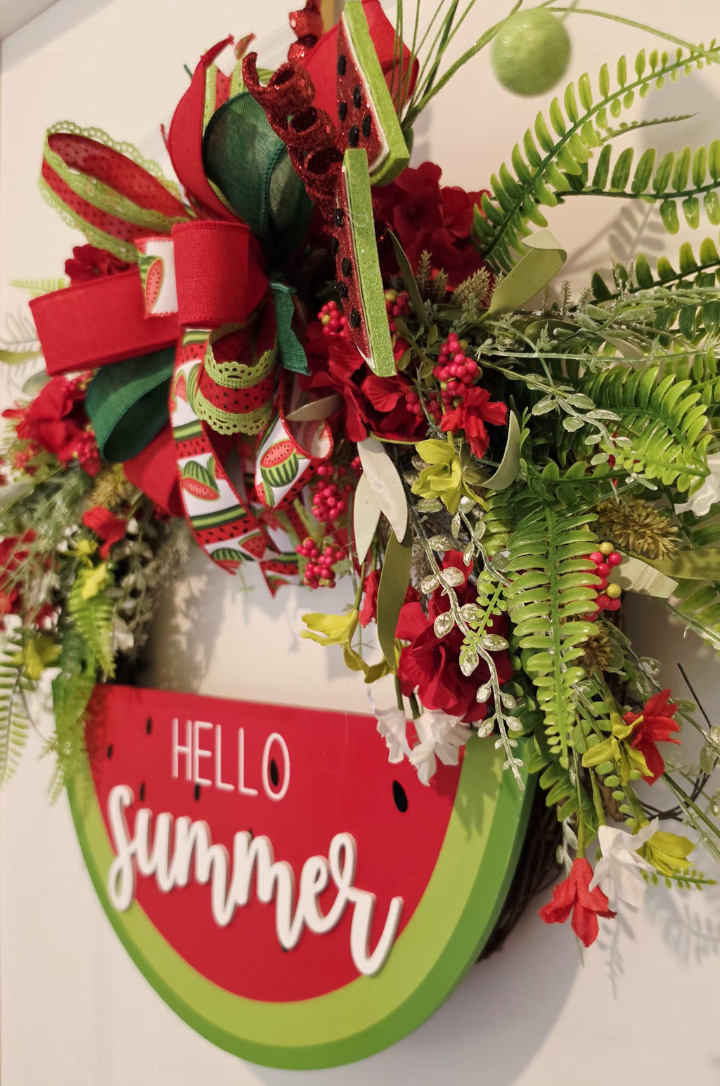 Watermelon Summer Wreath, Hello Summer Grapevine Door Hanger, Red Green Floral Decor