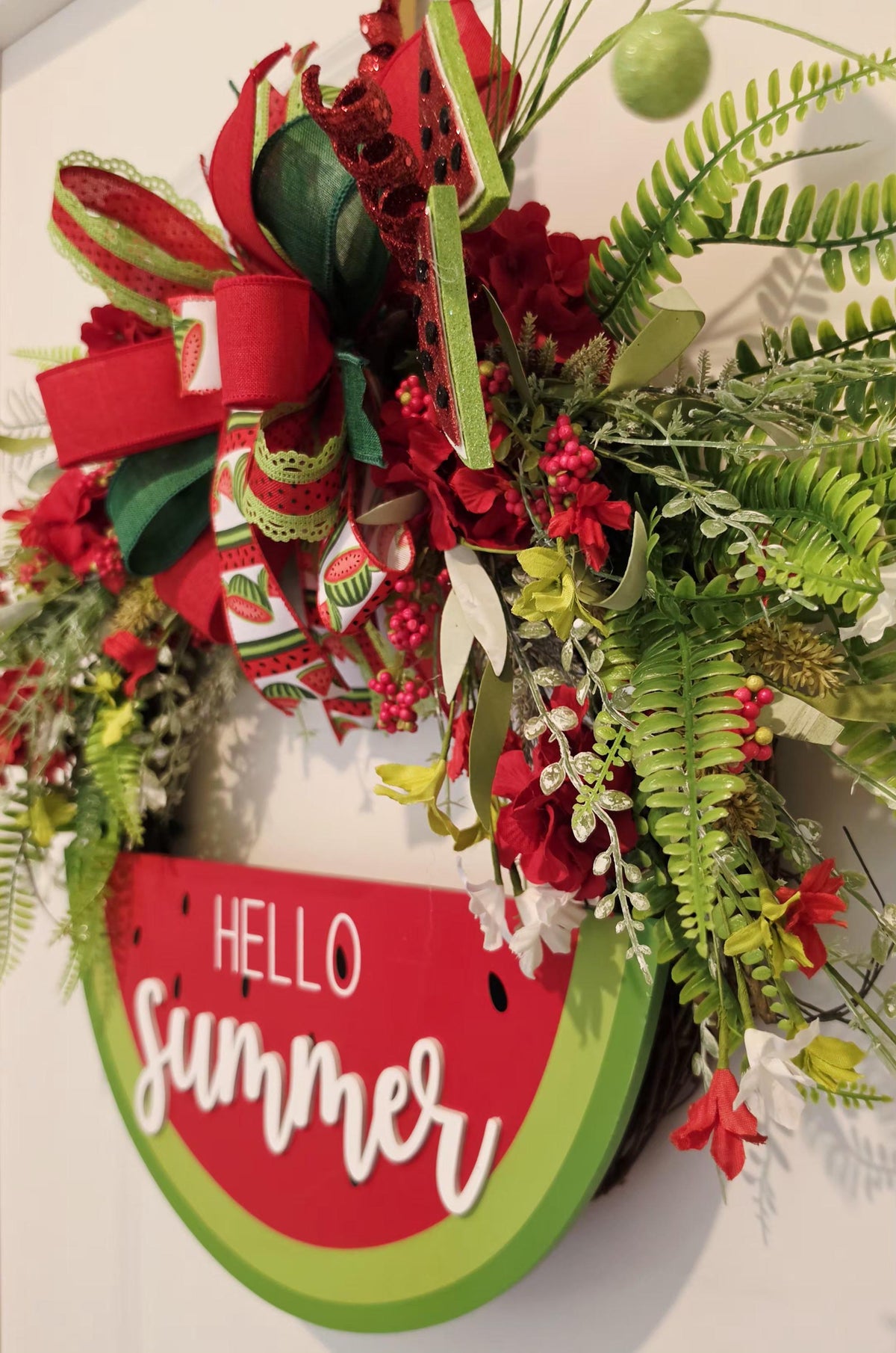 Watermelon Summer Wreath, Hello Summer Grapevine Door Hanger, Red Green Floral Decor