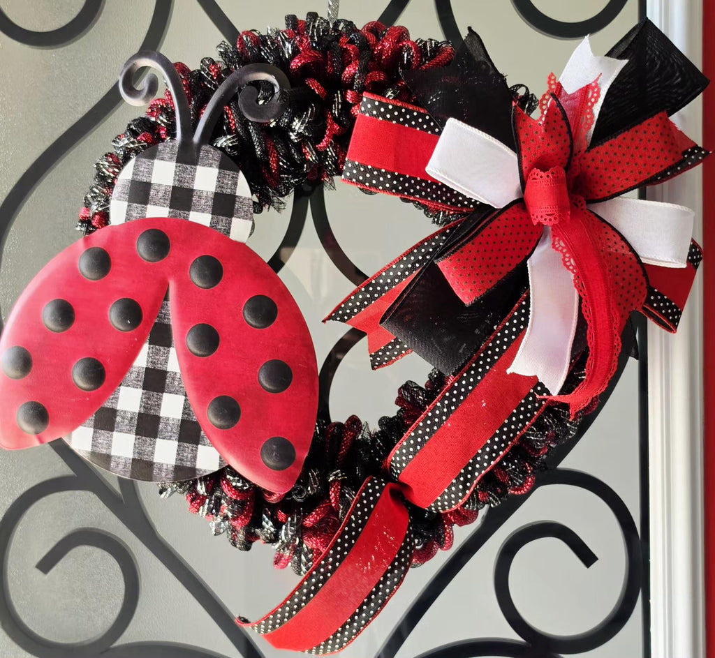 Handcrafted Ladybug Wreath: Red Black Buffalo Check Door Decor Summer Spring