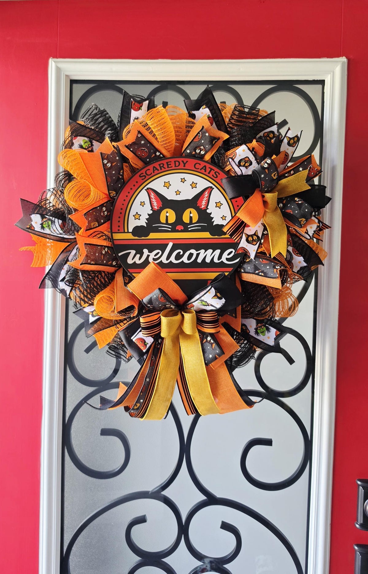 Black Cat Halloween Wreath, Scaredy Cats Welcome Door Decor