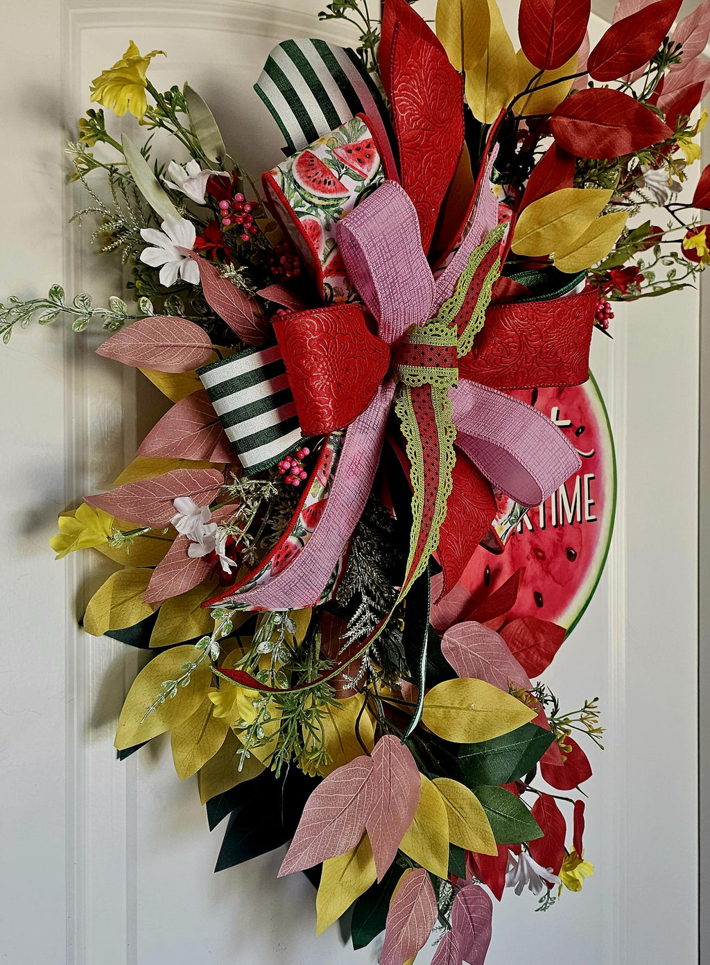 Handmade Watermelon Summer Wreath, Whimsical Faux Leaf Decor
