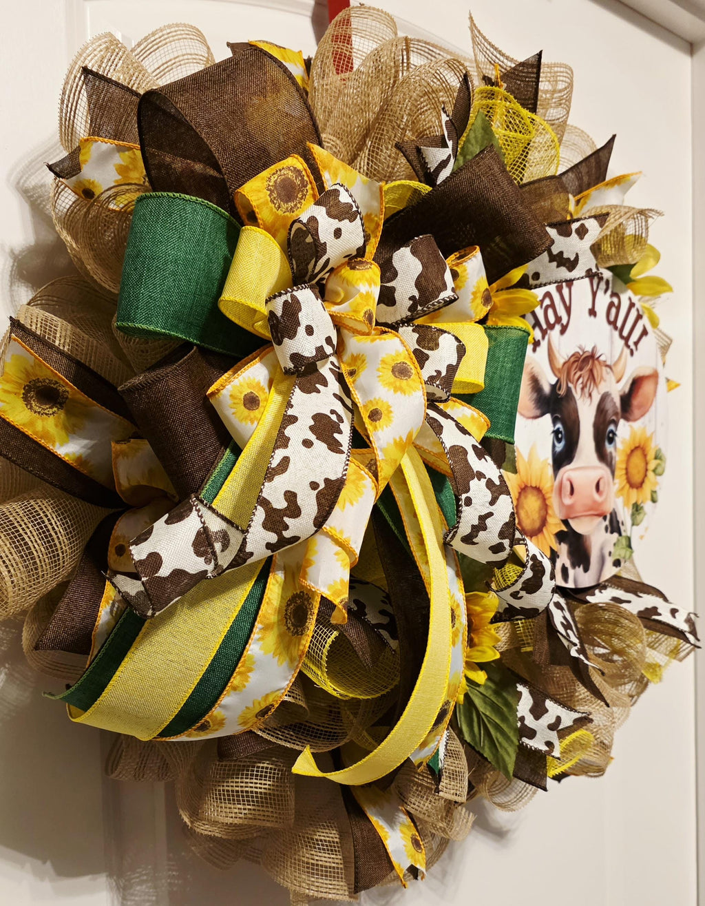Highland Cow Sunflower Wreath, Hay Y'all Farmhouse Door Decor