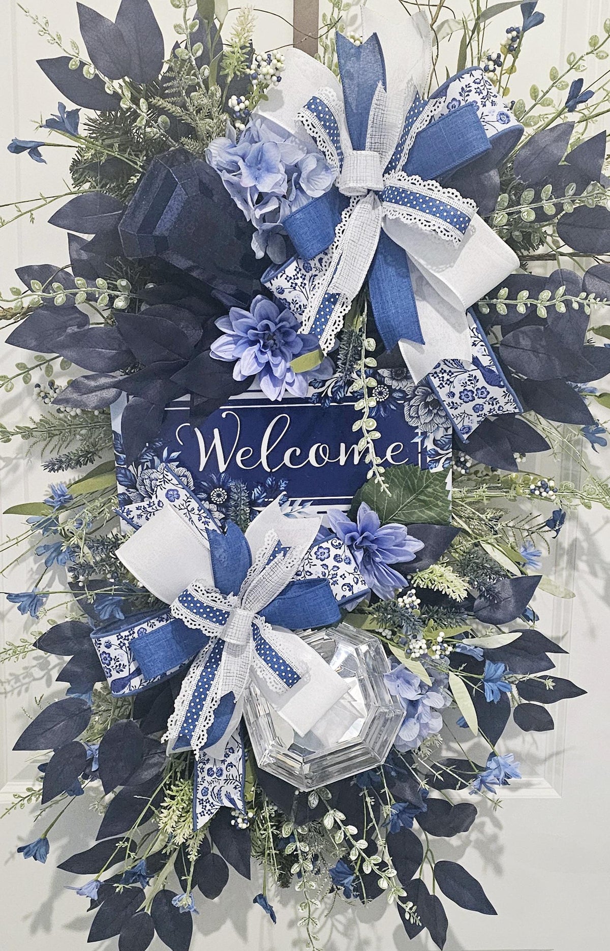 Blue Hydrangea Welcome Swag, Chinoiserie Door Decor, Handmade Floral Wreath